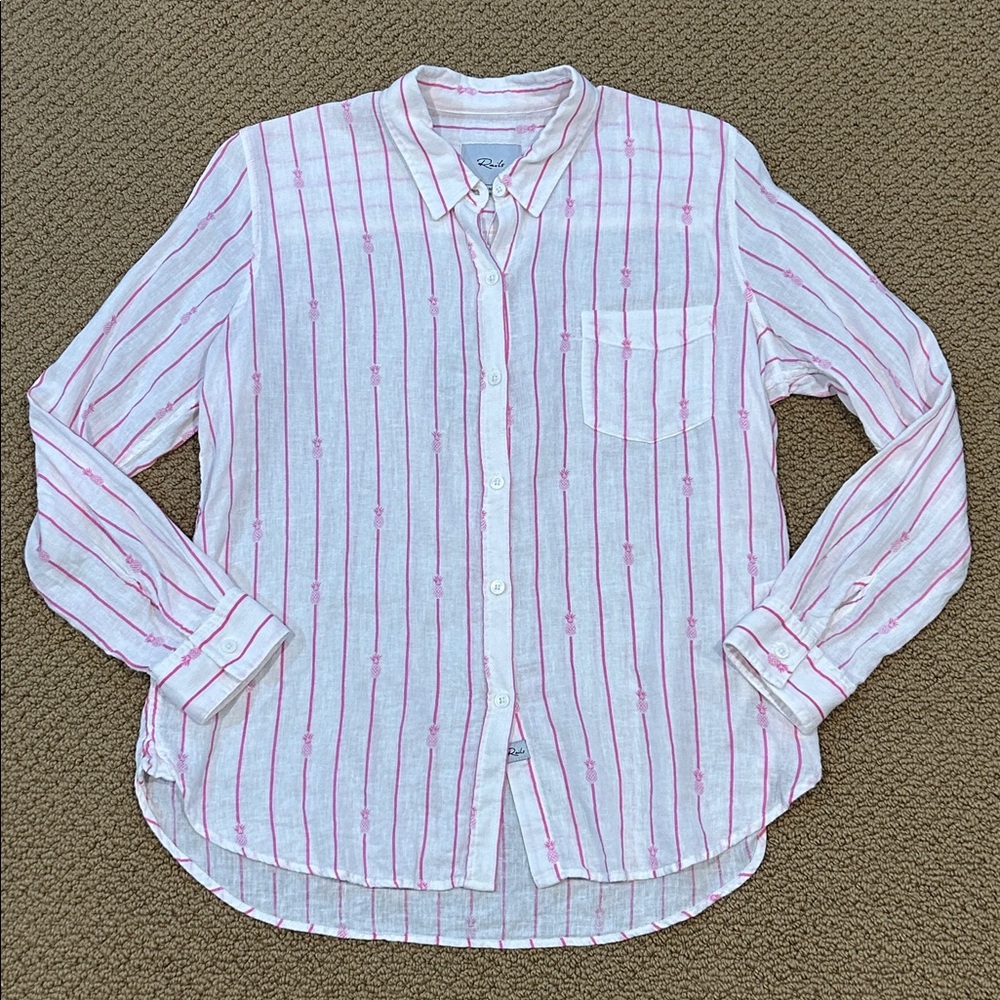 Rails Charli Pink Pineapple Stripe Button Down Linen Shirt size Medium